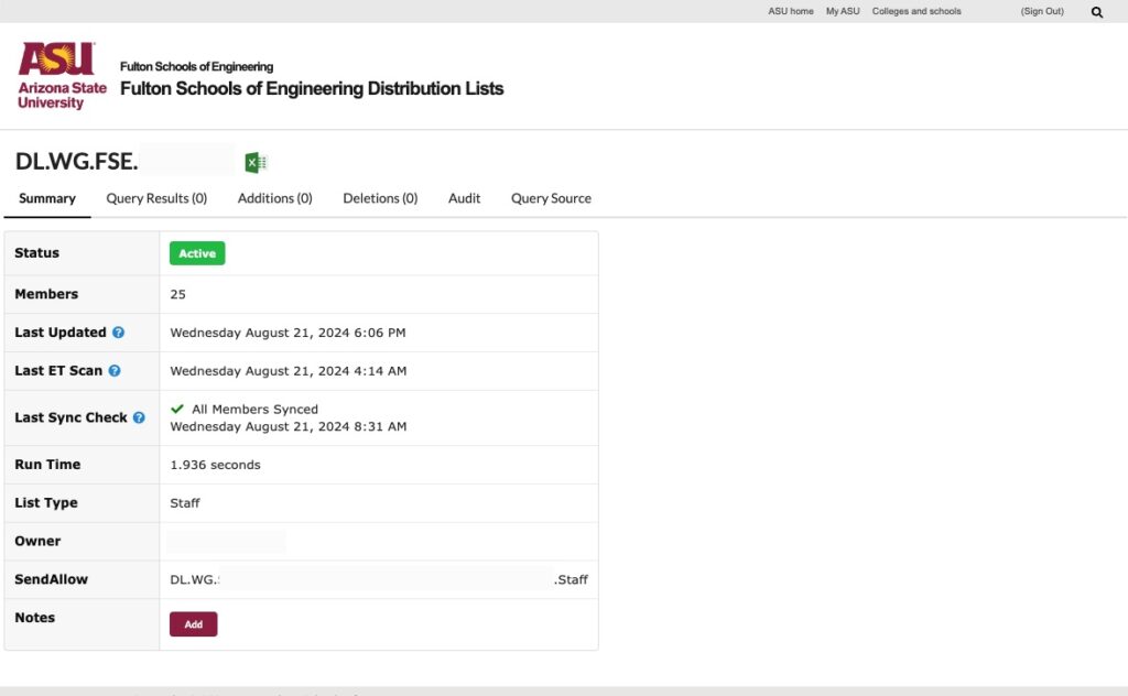 Screenshot of the Arizona State University Fulton Schools of Engineering Distribution Lists management page. The page displays information for the distribution list 'DL.WG.FSE.' under the Summary tab. Key details include the status being 'Active,' the number of members being 25, the last update timestamp of Wednesday, August 21, 2024, 6:06 PM, and a successful sync check at 8:31 AM the same day. The List Type is 'Staff,' and there are placeholders for 'Owner' and 'SendAllow.' There are no notes added, but an 'Add' button is available to add notes.
