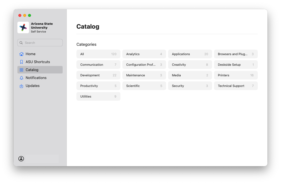 Self Service catalog showing software categories