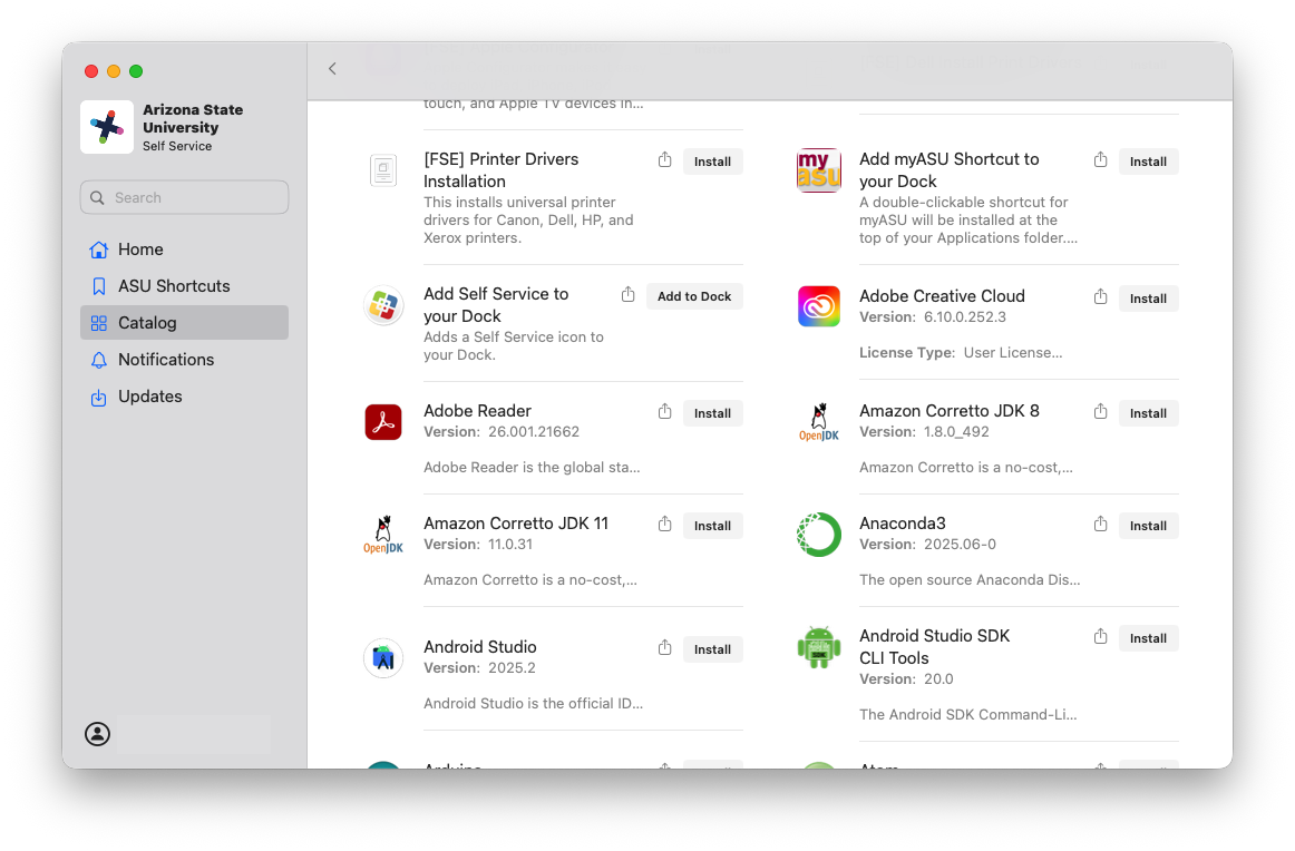 Self Service catalog list showing applications with Install buttons
