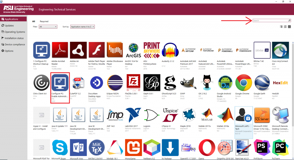 Image of the the Software Center app after it has launched. There is a wide variety of software titles shown. You can filter or sort them. There is a search bar in the top right corner, a red arrow points to it.