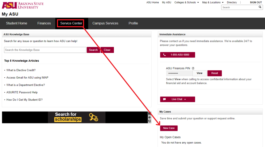 A screenshot of https://asu.service-now.com after you have logged in. on this page there is a bar at the top with 5 selections. The third selection is "Service Center". It is highlighted and an arrow points from it to a button labeled "New Case". 