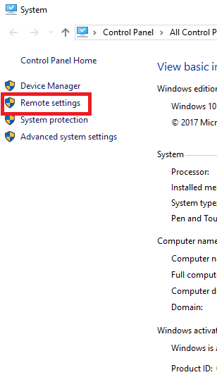 Screenshot of what you will see when windows system is open. The system icon, a navigation bar is partially shown, an item list under the title "Control Panel Home" lists the following: Device Manager, Remote settings, System protection, Advanced system settings. "Remote settings" is highlighted.

