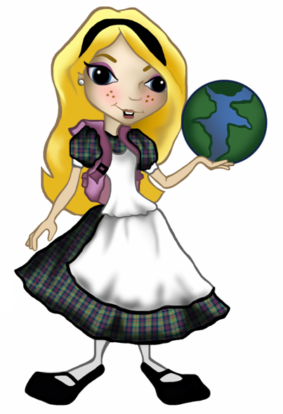 A picture of Alice from Alice in Wonderland holding a globe (Earth). 