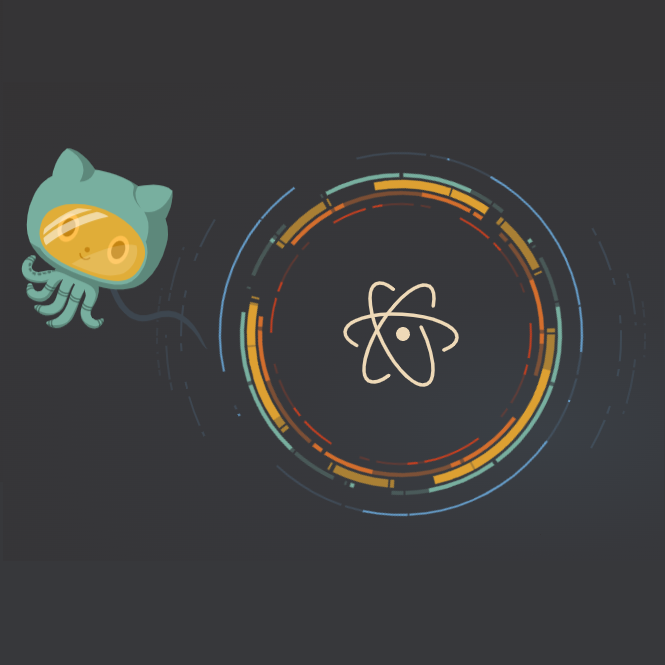 The icon for Atom. A squid-cat creature tethered to an atom with colorful circles around it. All on a black background.