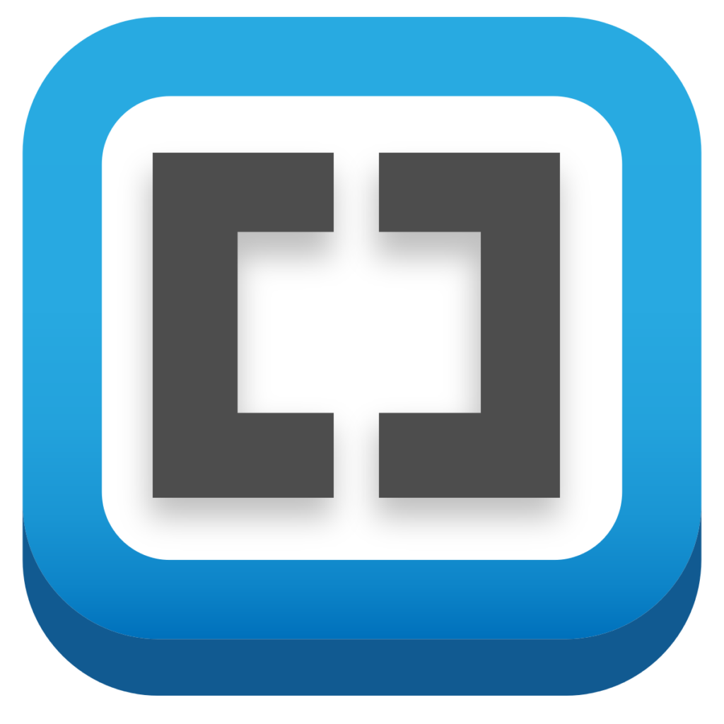 The icon for Brackets. a blue square with shadows and shading, a white center, in that are two square brackets.