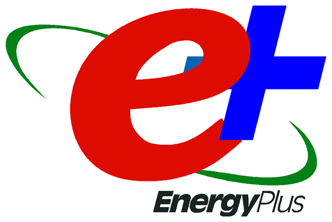 The icon for EnergyPlus. A red "e" and a blue "+". A green ellipse is surrounding them and the brand "EnergyPlus" is written in black.