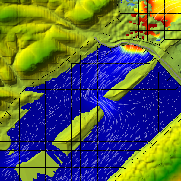 The icon for HEC-RAS. A digital rendition of a river and the land surrounding it.