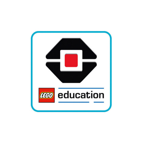 LEGO Mindstorms icon. A blue square with rounded edges. Inside is a black hexagon divided in two, with a red square in the center. Below that is the LEGO icon and the word "education" in black with a blue line above and below it.