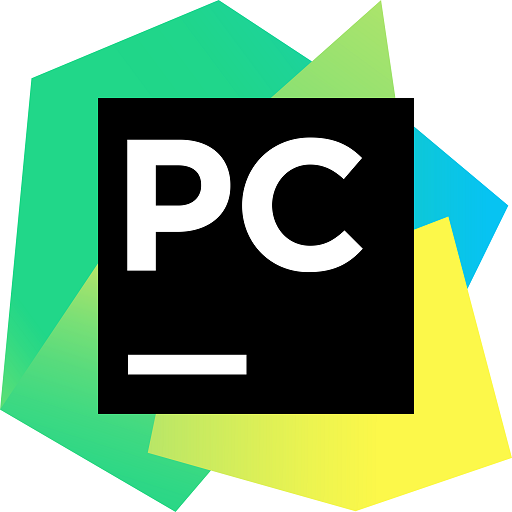 The icon for PyCharm. A black square with "PC" in white on it, under the "PC" is a white underline, it rests just under the P and slightly under the C. In the background are yellow, light green, bright green and blue jagged shapes.