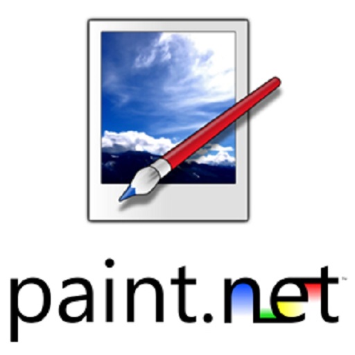 The icon for Paint.NET. A Polaroid with an image of a hill and sky. In front a paintbrush with. Below the word "paint.net" and the "net" is highlighted with brushstrokes of blue, green, yellow and red.