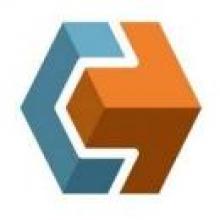 The icon for ChemCAD. A blue, white and orange cube, rotated so that it is balanced on a corner and a corner is facing front.
