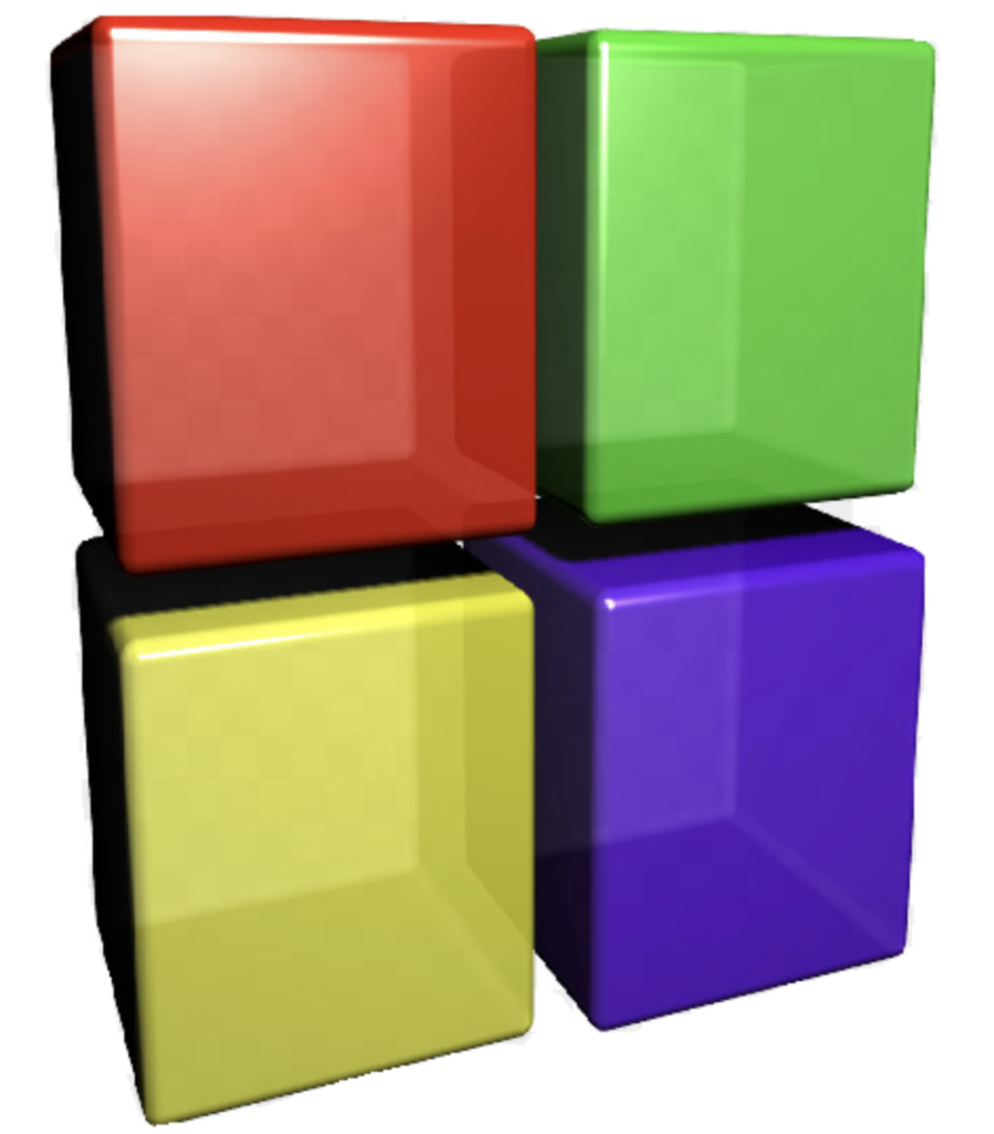 The icon for Code :: Blocks. Four 3 dimensional squares that form one large square. The squares colors are listed starting at the top left and moving clockwise: red, green, yellow, purple.